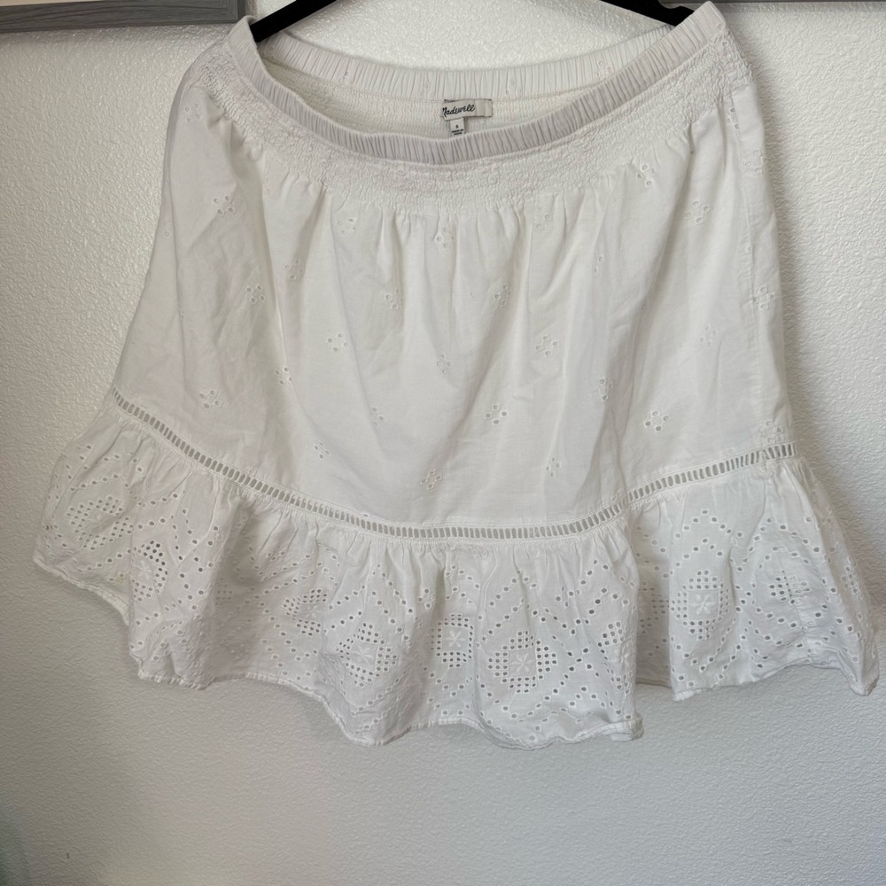 Madewell Eyelet White Embroidered Smock-Waist Ruffle Mini Skirt Size Small - Picture 4 of 8